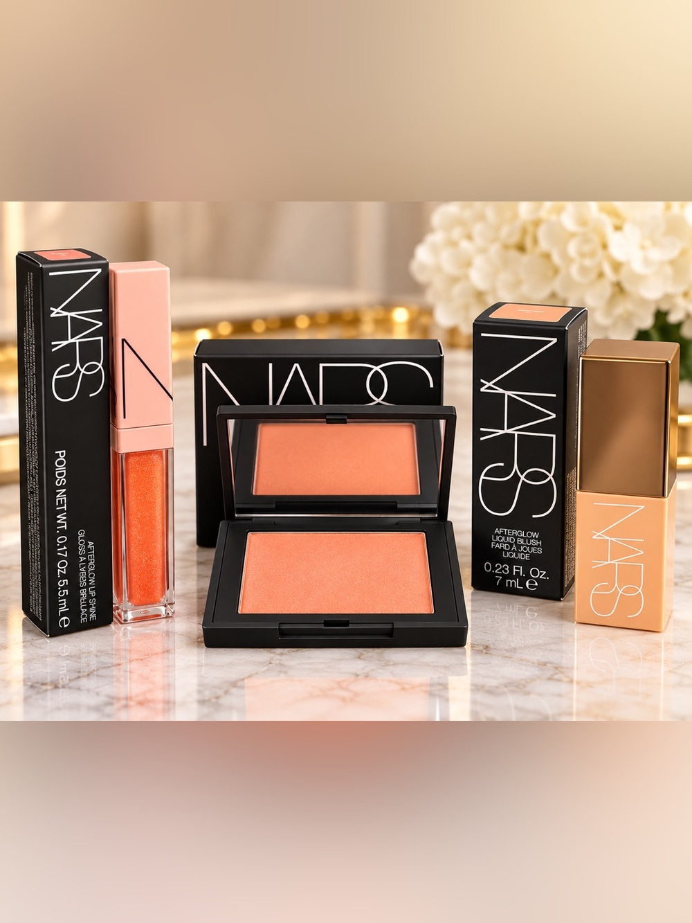 NARS Orgasm Blush Duo & Afterglow Lip Shine Wonder Luck Makeup Bundle